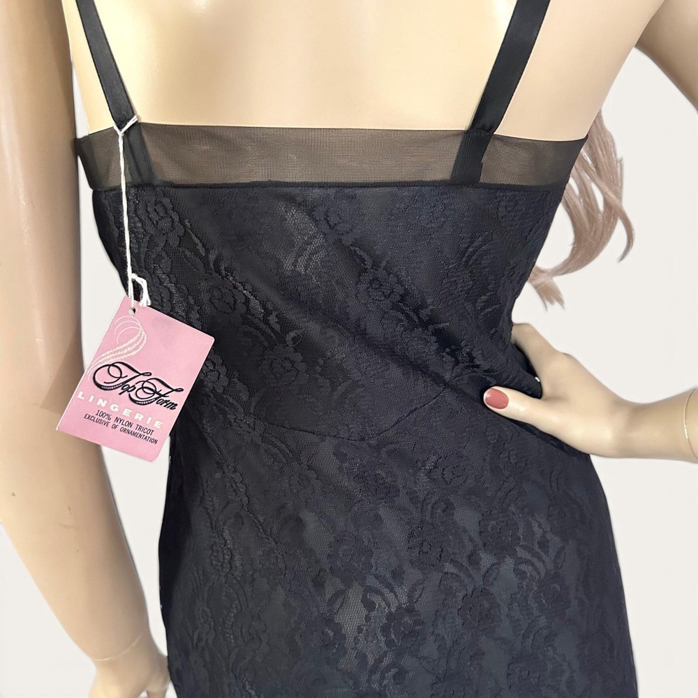 Vintage 1960s Black Lace Slip Dress Nylon Tulip Applique New Old Stock XS - Picture 7 of 8